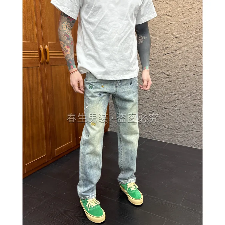 2025秋冬新款时尚休闲百搭刺绣亮钻直筒男士牛仔裤6163