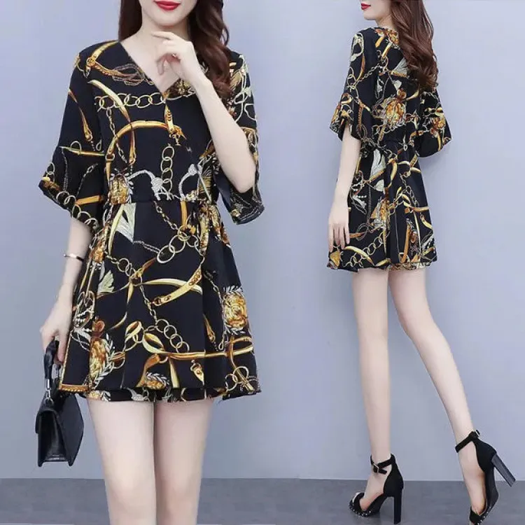 单件/套装 夏季新款时尚气质连衣裙短裤套装女显瘦修身雪纺短裤两