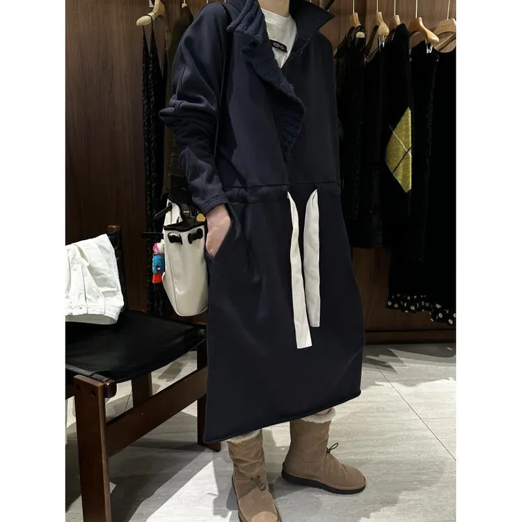 【撞色抽绳卫衣裙】针织拼接半高领撞色抽绳廓形卫衣裙 J25CX911