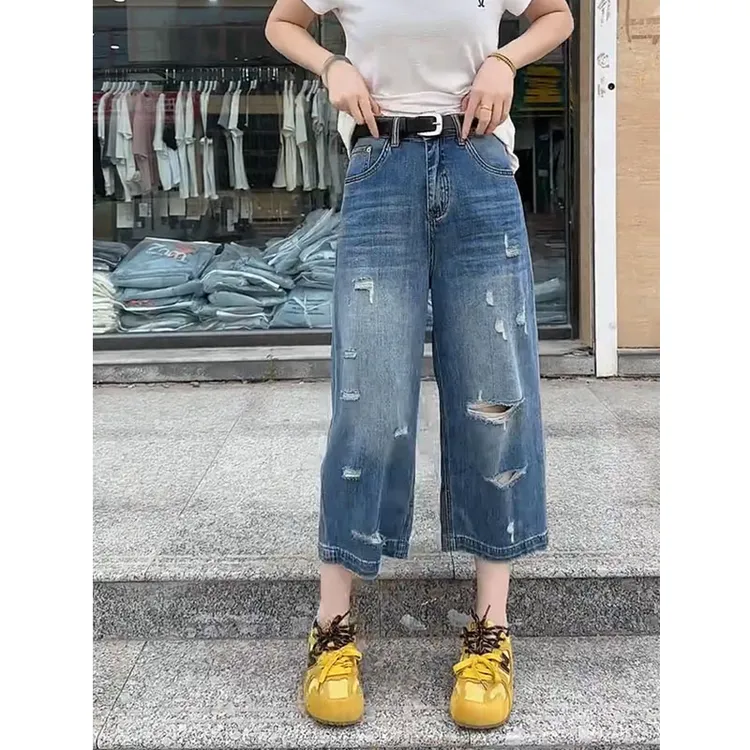 蓝色破洞直筒牛仔裤女夏薄款大码胖mm高腰宽松显瘦九分阔腿裤