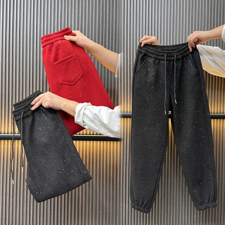 红色加绒细闪束脚裤哈伦裤女裤宽松显瘦百搭休闲裤冬季新款九分裤
