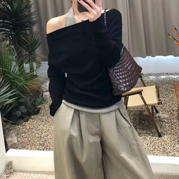 小众设计感假两件长袖T恤高腰休闲阔腿裤女2025春秋新款气质套装
