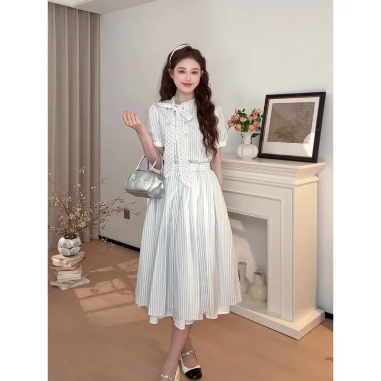 法式蓝色条纹衬衫连衣裙子女夏2025年新款韩系学院风漂亮长裙4850