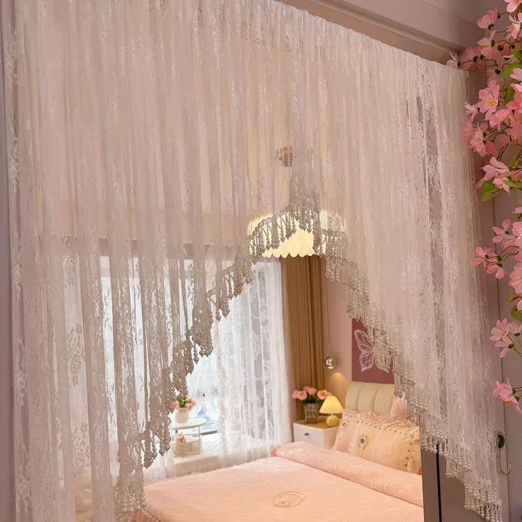 轻奢白纱流苏边碎免打孔安装隔断门帘纱帘蕾丝卧室厨房隔断