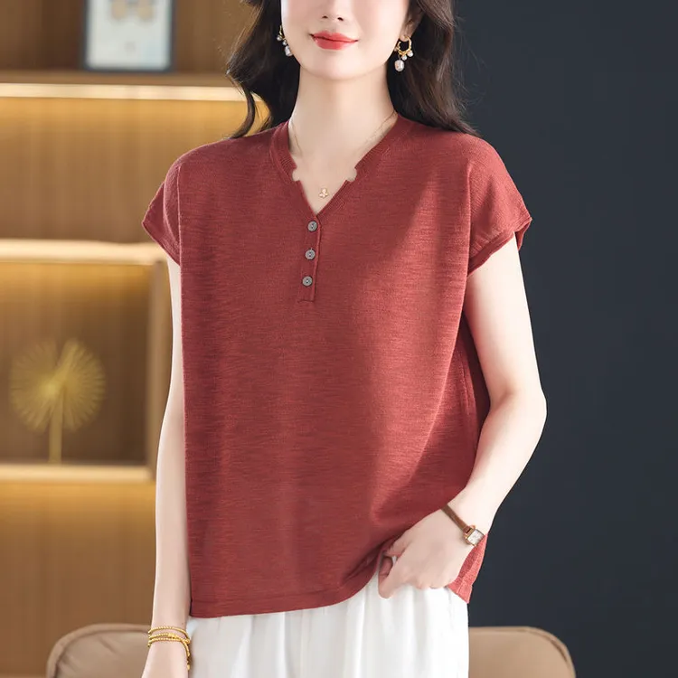 中年妈妈夏装短袖t恤V领冰丝上衣女宽松大码洋气桑蚕丝针织T恤衫