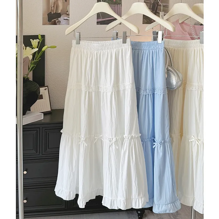 爆款白色蛋糕半身裙女夏季新款j甜美结高腰显瘦蕾丝长裙a字裙伞裙