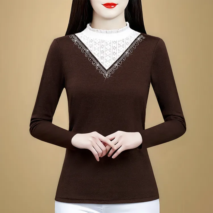 蕾丝拼接德绒打底衫女士秋冬新款中年妈妈装洋气百搭长袖烫钻t恤