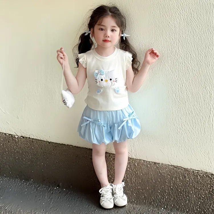 韩版女童套装夏装儿童可爱洋气时尚清新简约无袖短裤宽松亲肤透气