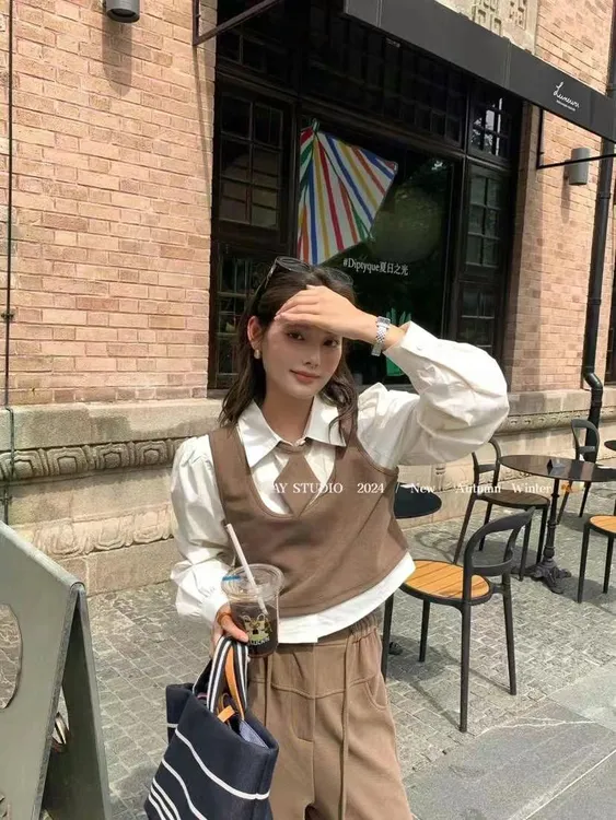 假两件衬衫直筒裤套装女春秋季气质穿搭阔腿裤两件套