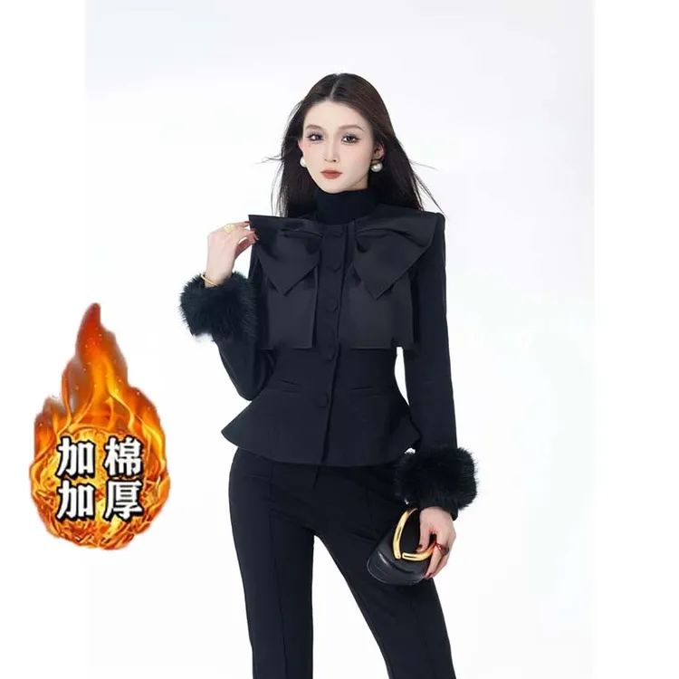 【加棉加厚】【两件套】2025秋冬新款气质时尚设计感外套裤套装DM0183