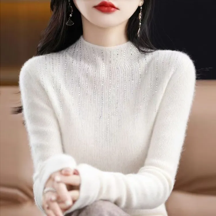 鄂尔市新款半高领100纯羊毛针织毛衣女纯色烫钻秋冬加厚打底衫潮
