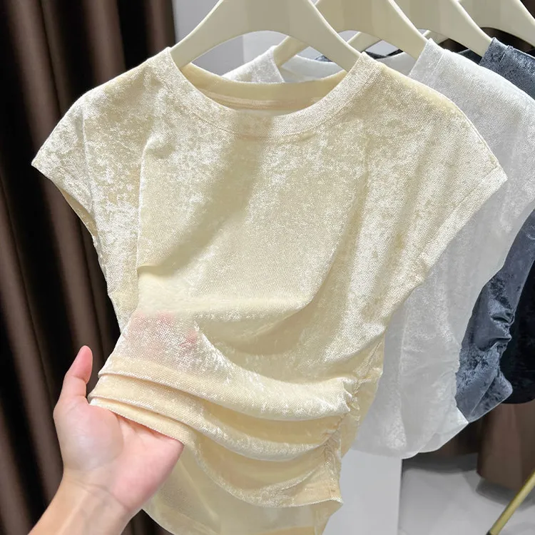 网纱短袖t恤女夏季2025新款显瘦时尚凉感小飞袖内搭短款打底上衣