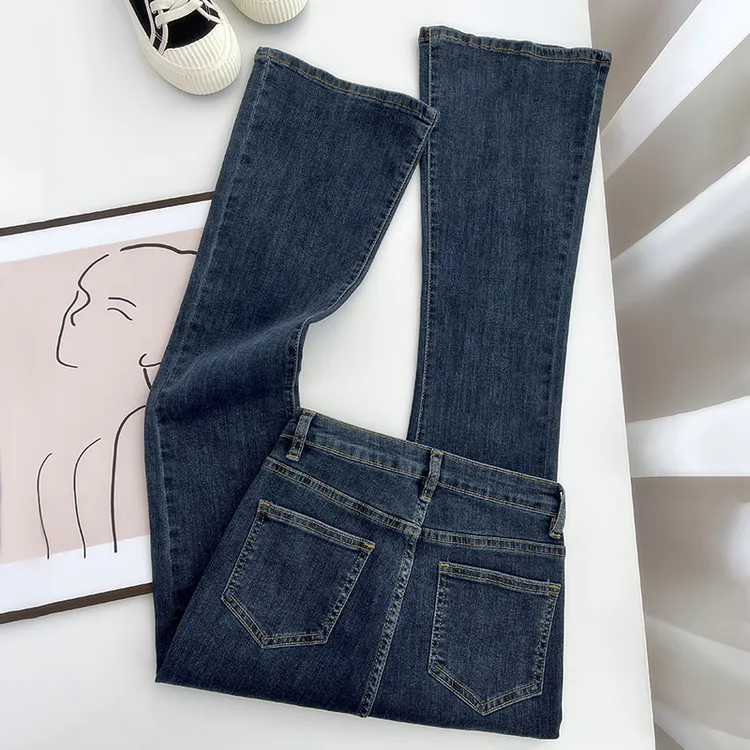 蓝灰色微喇牛仔裤女2025秋冬新款高腰弹力九分小个子马蹄喇叭裤子