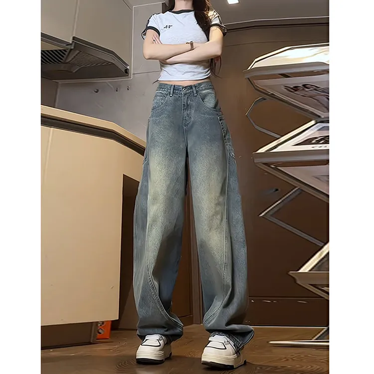 美式复古蓝弯刀牛仔裤男秋季青少年潮牌小众设计感工装直筒阔腿裤