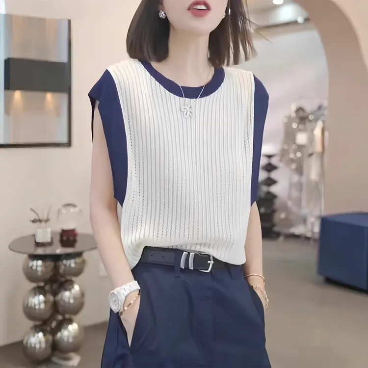 时尚圆领撞色镂空冰丝针织衫夏季新款宽松显瘦小飞袖T恤百搭上衣