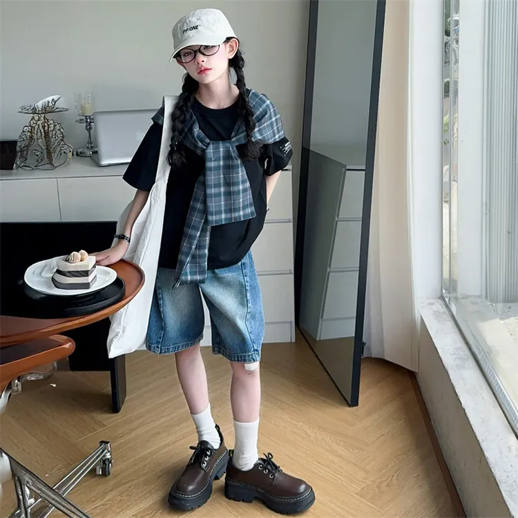 女童夏装套装6-12岁洋气女孩设计感夏季中大童短袖牛仔中裤两件套