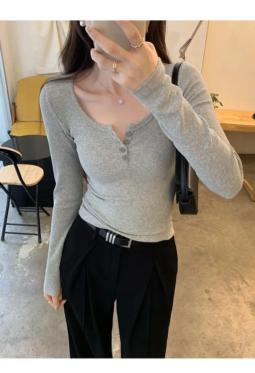网红洋气炸街女t恤女春秋冬季纯欲修身内搭U领长袖打底衫上衣小众