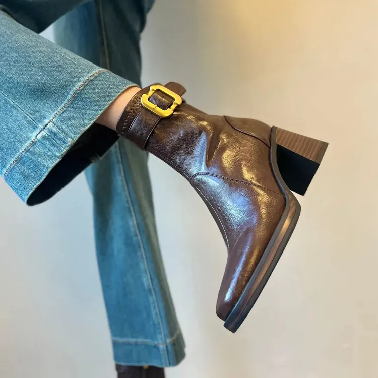 静音底方头高跟短靴女轻奢粗跟瘦瘦靴软面百搭显瘦切尔西靴子新款