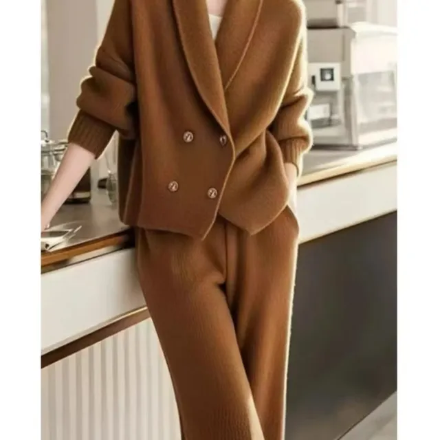 覆古休闲高级感针织套装女宽松毛衣外套阔腿裤两件套秋冬新款女装