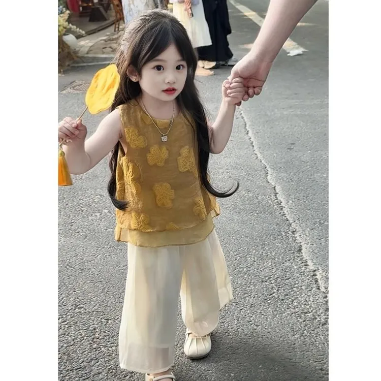 2025夏季新款中国风女童刺绣无袖上衣+休闲裤新中式洋气百搭