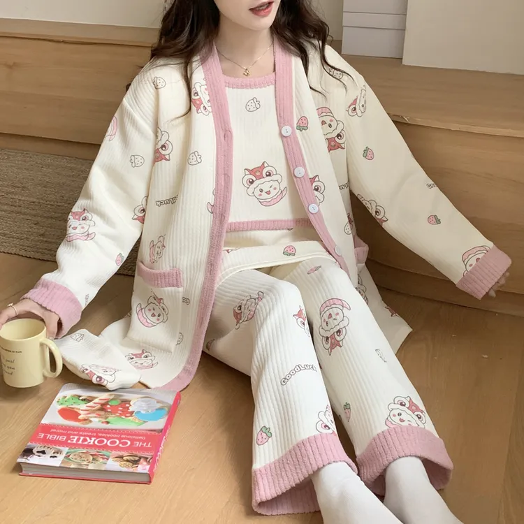 秋冬月子服大码空气棉带胸垫孕妇十月份睡衣产妇哺乳家居服三件套