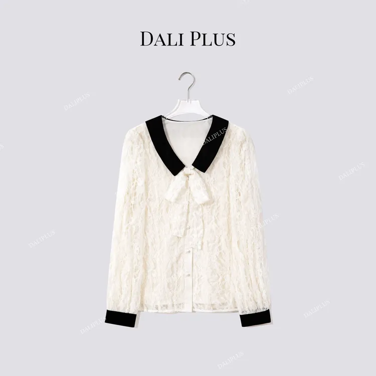DALI PLUS“法蕾刺绣衬衫”100桑蚕丝V领蝴蝶结长袖衬衫-D5SS7192