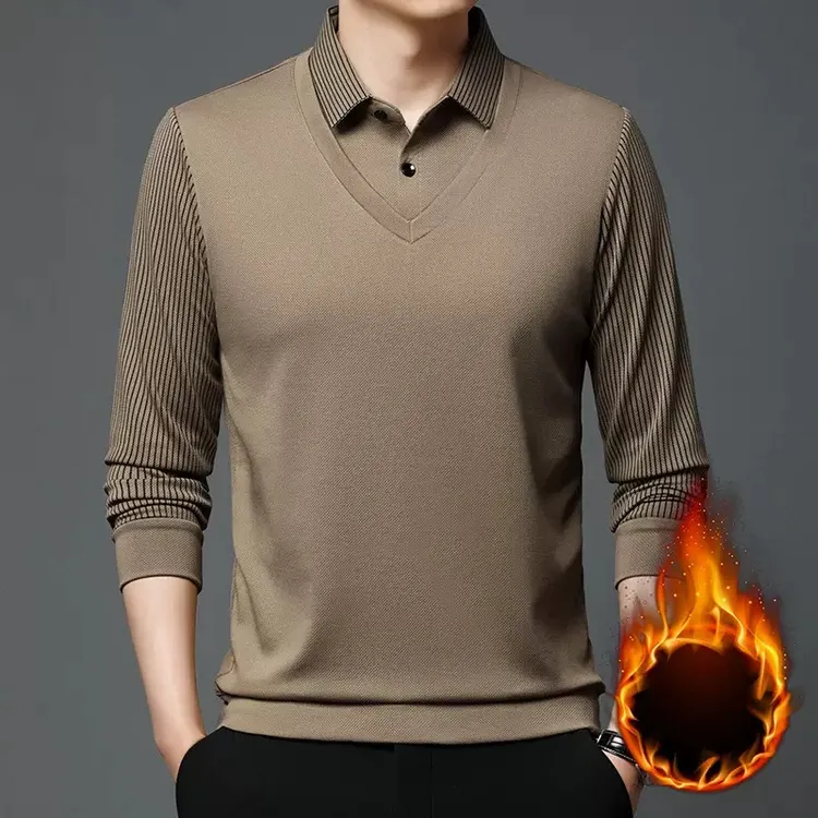 依朵林假两件长袖保暖t恤秋冬新款拼接中年男士加绒加厚打底衫