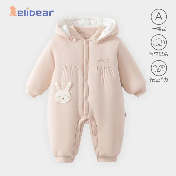 婴儿衣服冬季连帽衣服夹棉a类加厚保暖女婴儿连体衣宝宝服装秋冬