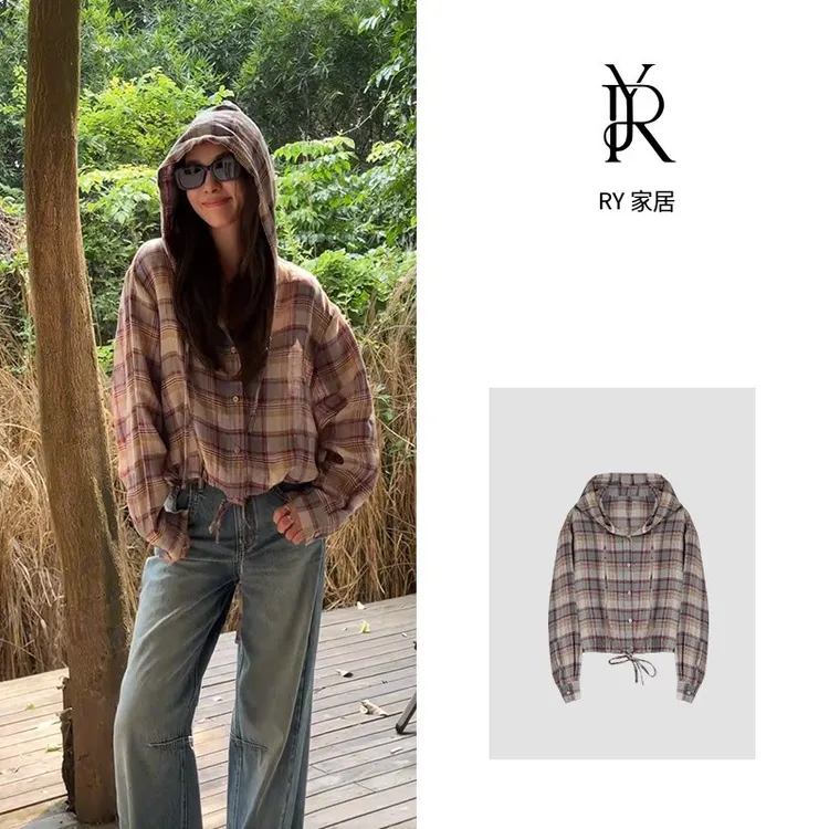 【容雨RYHOME】100%亚麻复古撞色格纹连帽外套252W2320