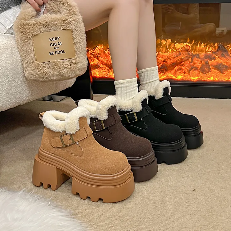 加绒厚底粗跟雪地靴女2025年冬季新款增高10cm加厚保暖马丁靴棉鞋