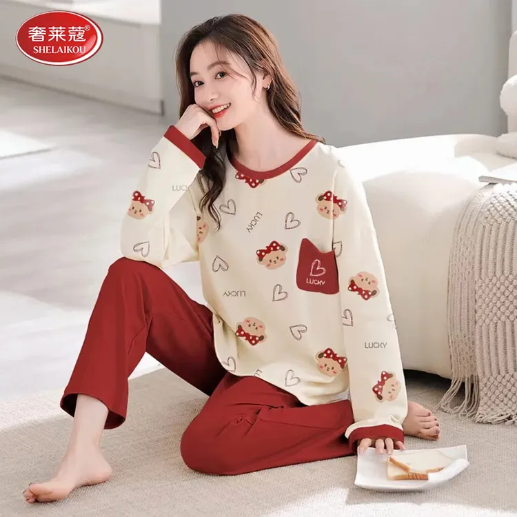 奢莱蔻小熊枫叶红空调房长款亲肤棉国风云朵睡衣套装