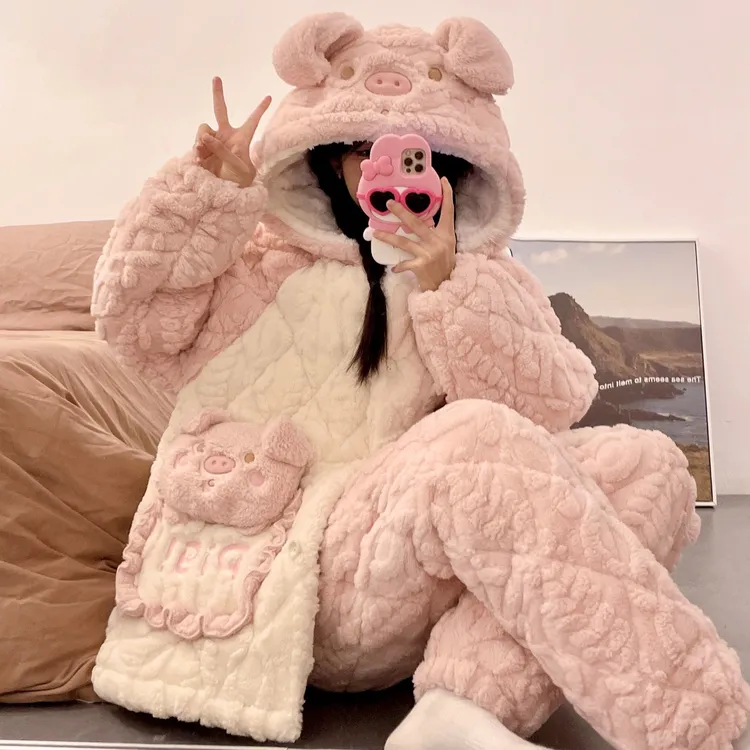 夹棉睡衣女款加绒加厚秋冬季珊瑚绒冬天外出法兰绒家居服保暖套装