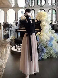 【米妮】“耀眼大女主”法式千金感撞色拼接收腰长袖加绒连衣裙