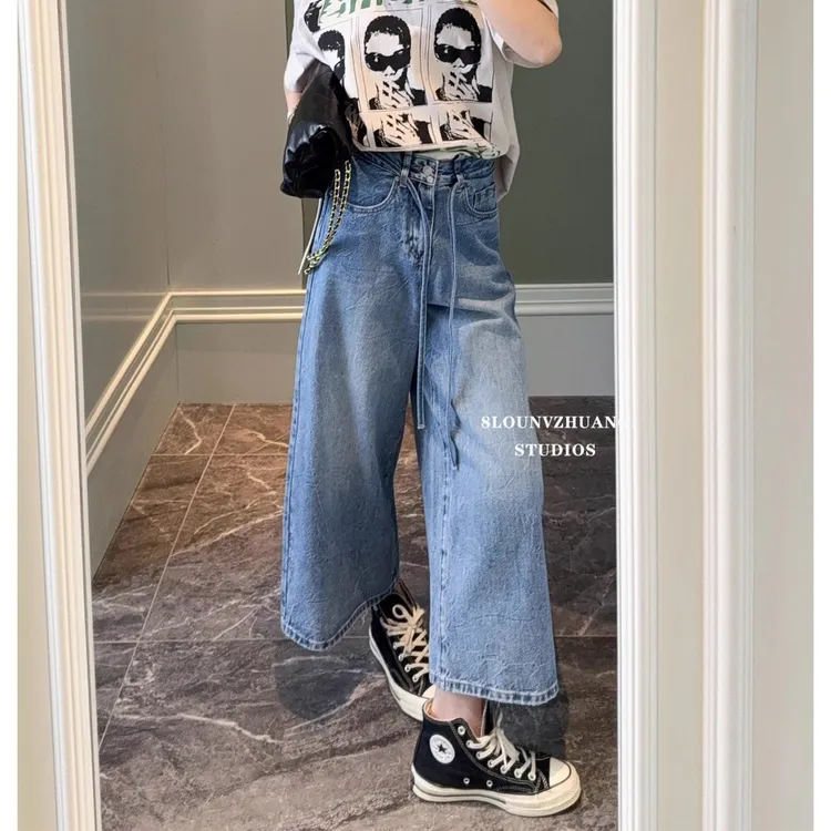 夏季时尚高腰休闲显瘦宽松八分裤子女款爆款新款洋气牛仔裤子女款