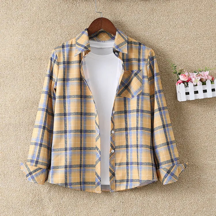 2023秋新款格子衬衫女长袖宽松简约上衣百搭印花气质方领防嗮衬衣
