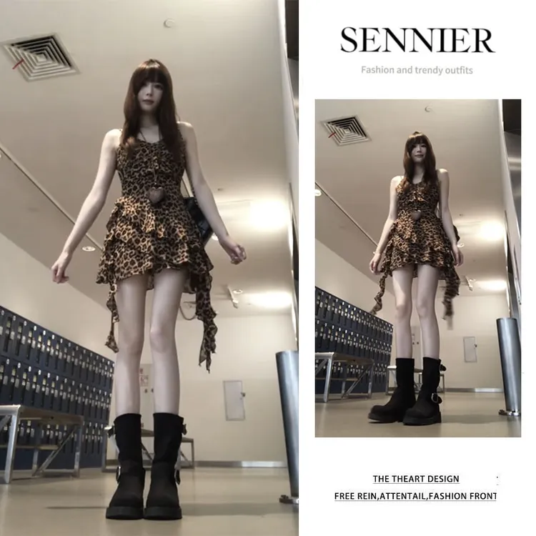 时尚穿搭2025夏季新款设计感荷叶边不规则无袖辣妹豹纹吊带连衣裙