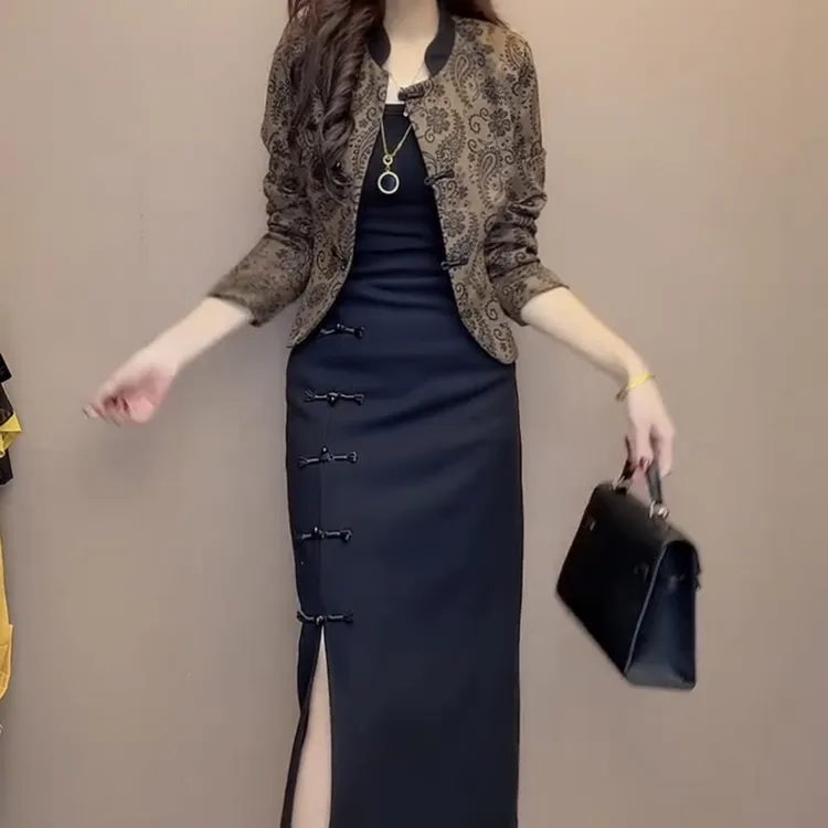 秋季新款中国风外穿正反两穿女外套搭配连衣裙套装