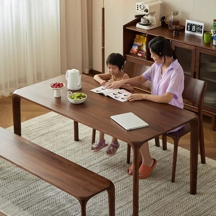 【厚实稳固】进口北美胡桃木色餐桌一体实木简约饭桌家用原木现代榫