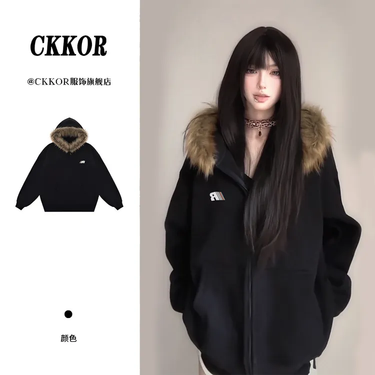CKKOR新款爆款外套女春秋潮牌毛领连帽开衫卫衣时尚休闲慵懒上衣 