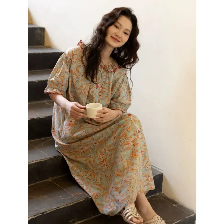 女士薄款圆领短袖开衫长款睡裙夏季新款法式宫廷风凉感舒适家居裙