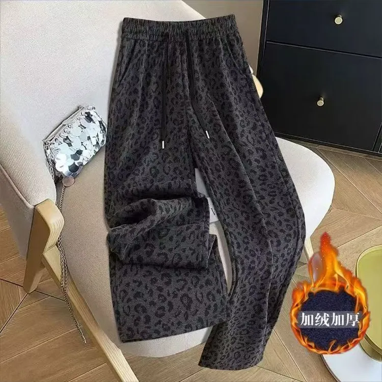 加绒加厚豹纹印花休闲阔腿裤女2025秋冬季新款高腰显瘦宽松直筒裤