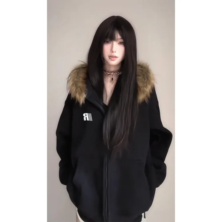 美式复古毛领拉链连帽卫衣男女秋冬潮牌字母印花宽松情侣休闲外套