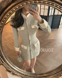 LUOLUOZ【安徒生旧梦】绵羊毛气质立领收腰秋季短款时尚连衣裙CC235