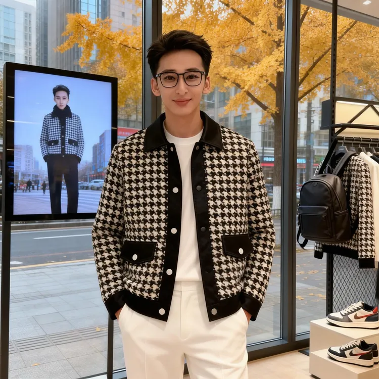 秋冬新款拼料翻领千鸟格小香风男士痞帅修身短款休闲夹