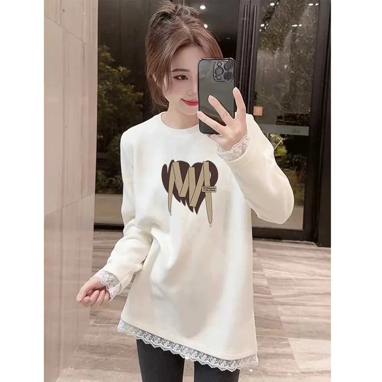 设计感蕾丝拼接长袖t恤中长款宽松白色磨毛打底衫2025年新款上衣