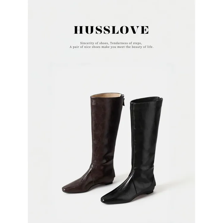 HUSSLOVE 牛皮·跟高3CM·复古时尚显瘦内增高瘦瘦时装长靴裤管靴