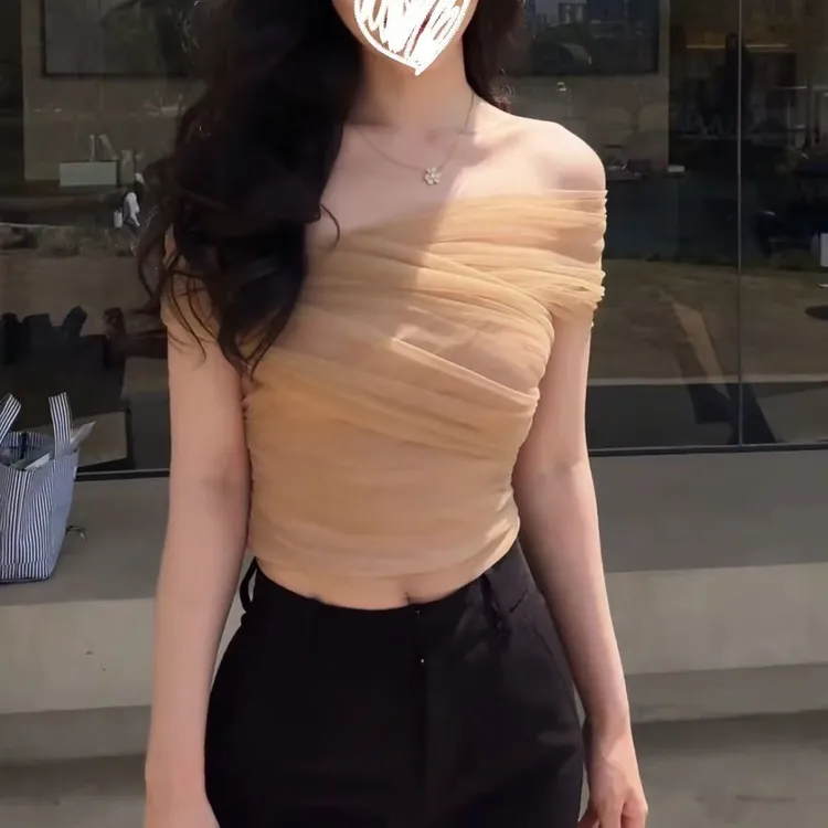 纯欲性感一字肩交叉褶皱网纱雪纺上衣女2025夏季新款时尚百搭长裤