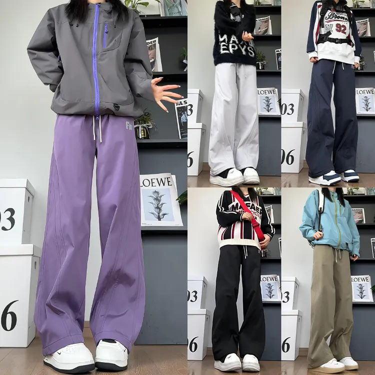 美式斜切三防拉链口袋冲锋裤男女秋冬季宽松百搭直筒加绒休闲裤子