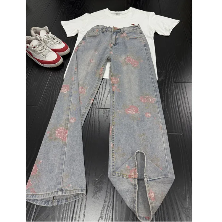 重工玫瑰印花牛仔裤男夏季薄款美式复古裤子高街vibe显瘦直筒长裤
