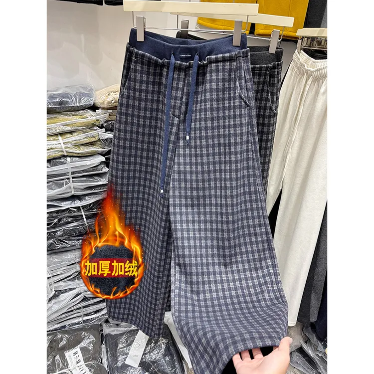 韩系加绒加厚运动阔腿裤女冬季高腰宽松直筒裤慵懒风休闲格子卫裤